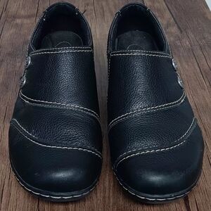 Clarks Black Leather Loafers with Silver Button Accents